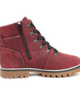 Ankle burgundy winter boot with brown outsole.  Black inside zipper closure.