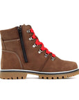 Brown leather ankle boot with black zipper and red laces