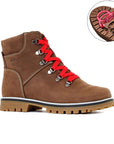 Brown ankle winter boot with brown oustsole. Highlight shows collapsible cleats on outsole.