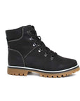 Ankle black winter boot with brown outsole. Highlight shows collapsible cleats on outsole.