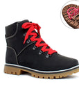 Maika Lace-Up Boot in Black. Black nubuck ankle boot with red laces, white stitching, and a brown rubber outsole. Outsole features red ice-grips.