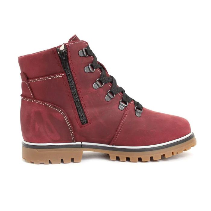 Side view of Maika Ankle Boot in Bordo. Features a black inside zipper.