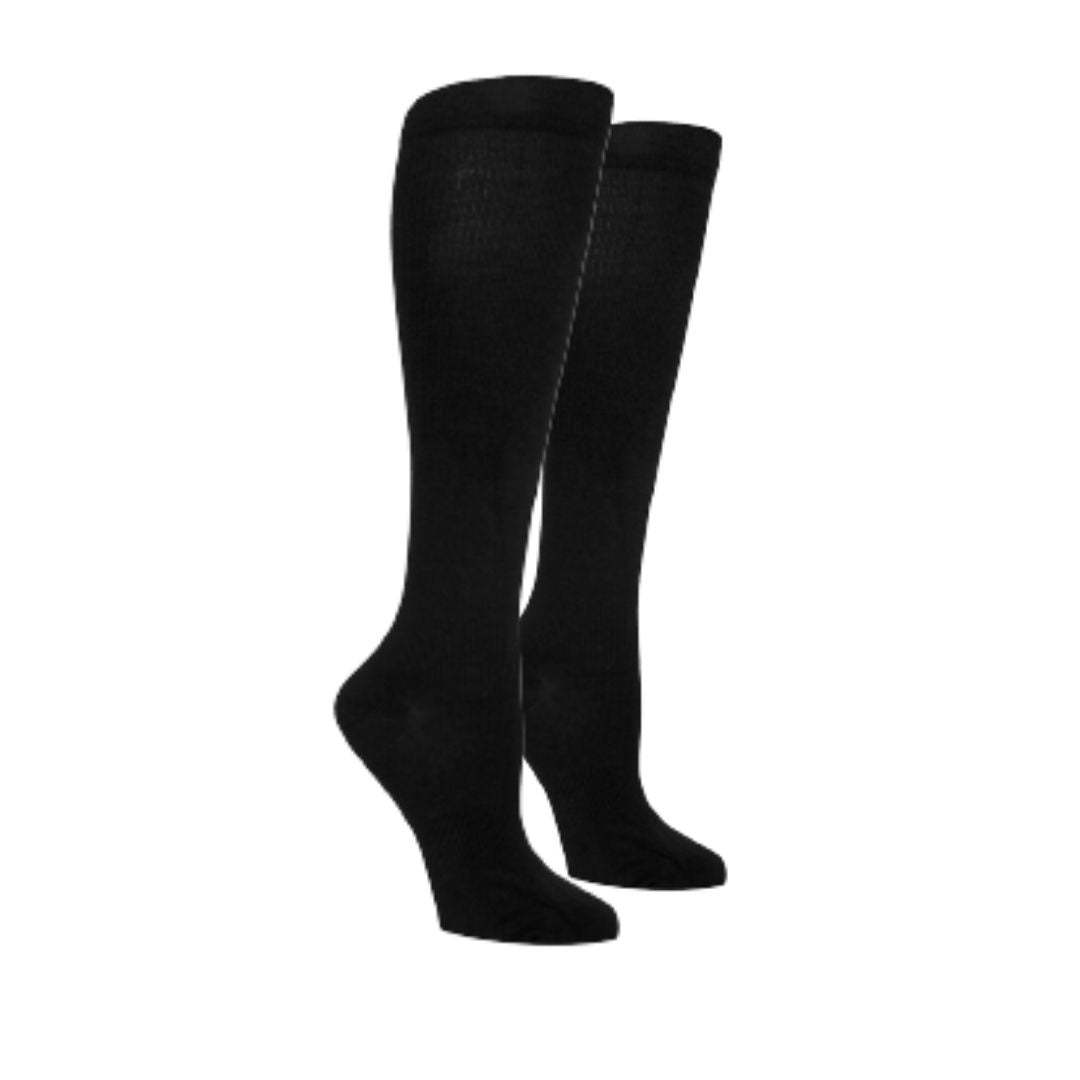 A pair of black knee high compression socks