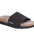 Women's Mephisto Hanik Sandal in black with wide leather strap, cork footbed, and SOFT-AIR cushioned sole for superior comfort and support.