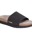 Black nubuck leather single strap slide sandal with supportive cork midsole and black EVA outsole.