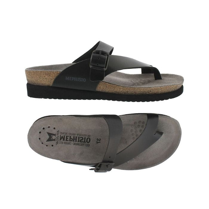 Top and side views of Women's Mephisto Helen Thong Footbed Sandal in black leather with contoured footbed and Soft-Air technology.