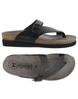 Pair of Thong Footbed Sandals in black leather with black buckle strap, grey Mephisto logo'd suede lined cork footbed and black flat outsole.