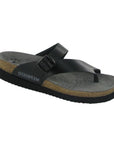Black leather Helen by Mephisto split thong sandal with side buckle and cork footbed