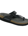 Thong Footbed Sandal in black leather with black buckle strap, grey Mephisto logo'd suede lined cork footbed and black flat outsole.