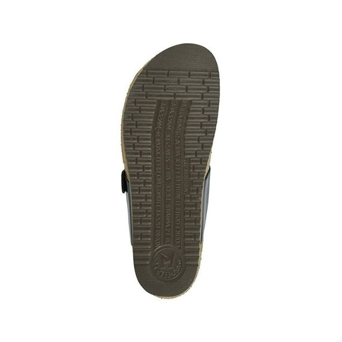 Brown outsole on bottom of the blue star sandal by Mephisto