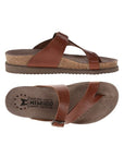 Women's Mephisto Helen Thong Footbed Sandal in brown leather shown from side and top views, featuring ergonomic footbed and Soft-Air technology.