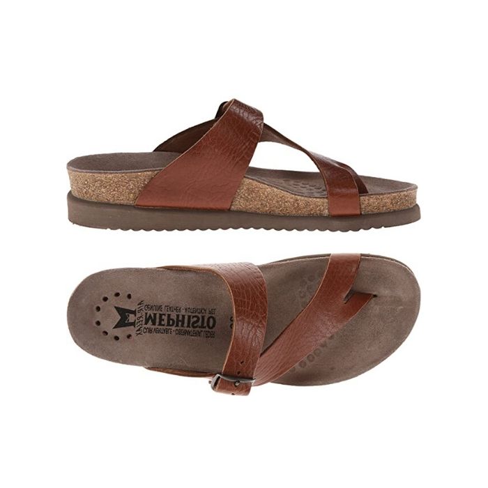 Desert side view showing side buckle on slip on thong sandal and top view of tan footbed and double strap across the toe of the Helen sandal by Mephisto