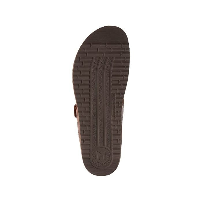 Brown outsole on bottom of the desert sandal by Mephisto