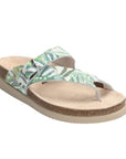 White and green leaf printed thong sandal with adjustable buckle closure, supportive cork midsole and beige EVA outsole.
