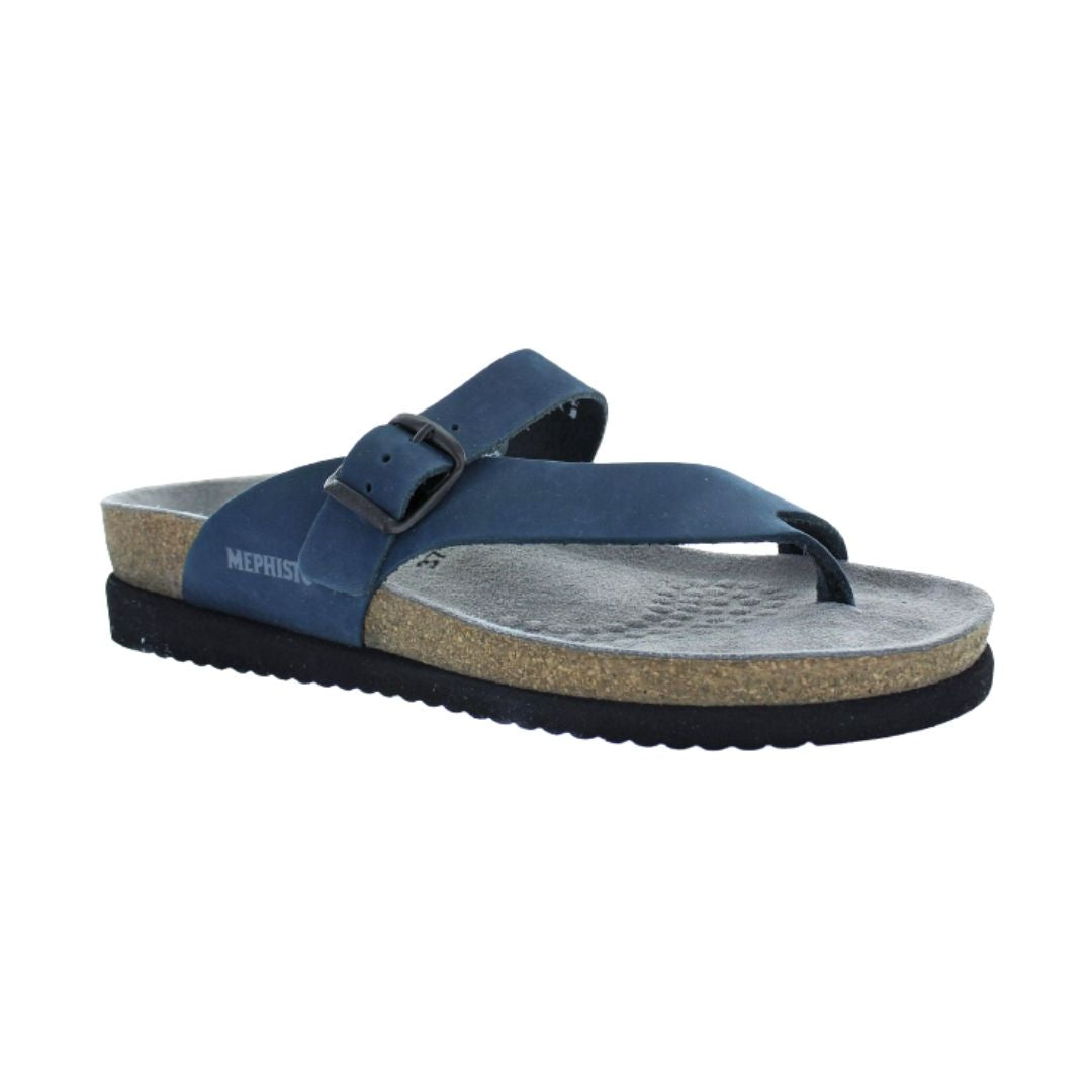 Navy nubuck thong sandal with adjustable buckle closure, supportive cork midsole and black EVA outsole.