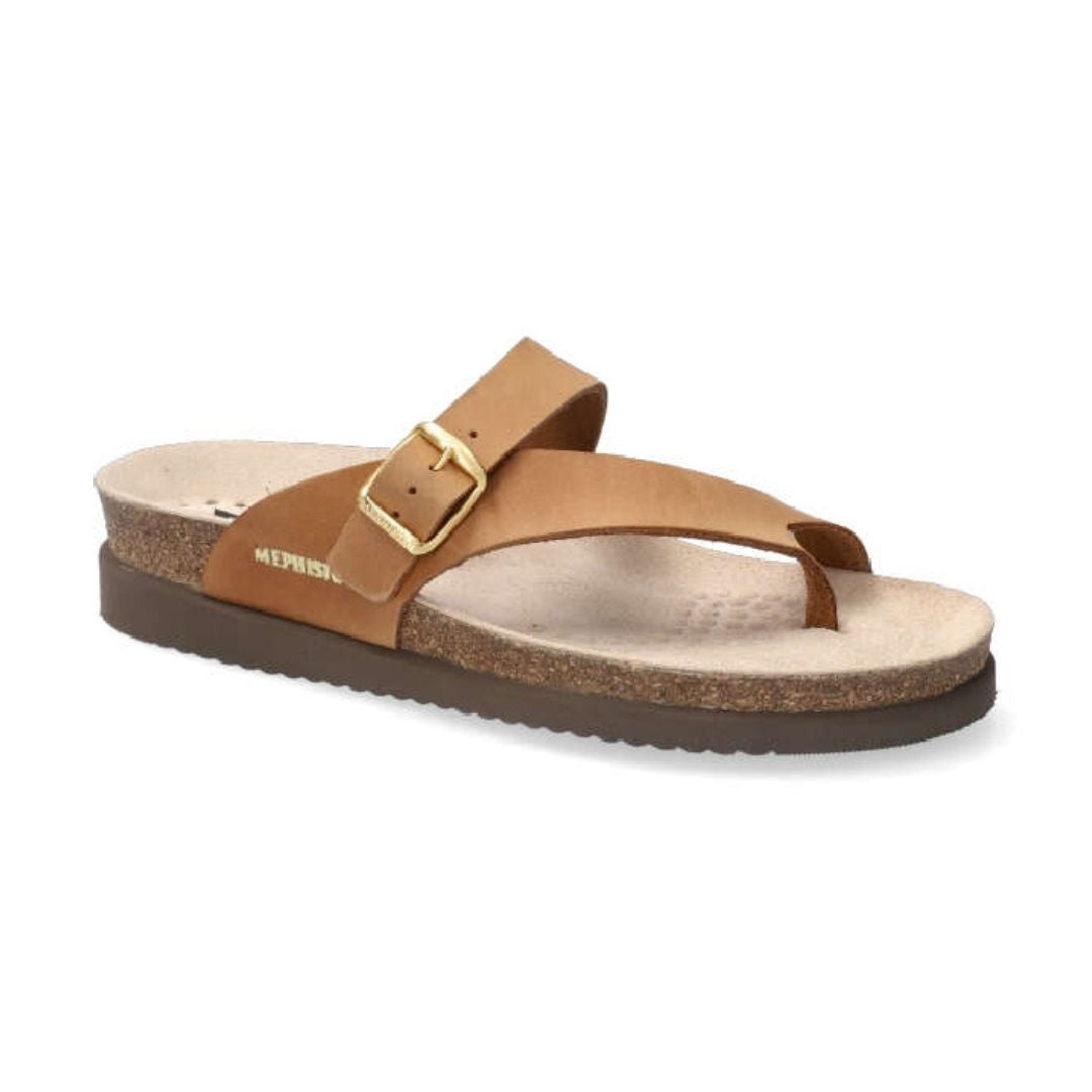 Women's Mephisto Helen Thong Footbed Sandal in tan leather with gold buckle and Soft-Air cushioned footbed for enhanced comfort.