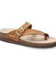 Thong Footbed Sandal in camel brown leather with gold buckle strap, tan Mephisto logo'd suede lined cork footbed and brown flat outsole.