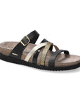 Women's Mephisto Huleda Leather Sandals in black with gold and textured straps, featuring a suede footbed and adjustable buckle for support.