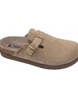 Women's Mephisto Halina Clog in beige suede with adjustable buckle and soft cork-latex footbed for all-day support and comfort.