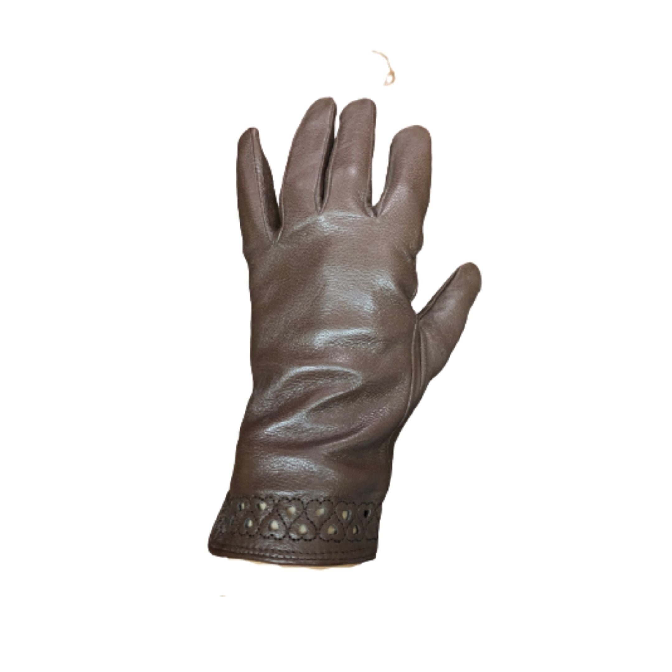Top view of brown leather gloves with heart shaped stitching and cutouts along the cuff.