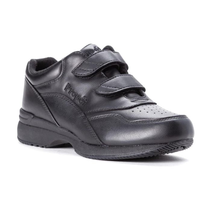 Propet black leather sneaker with 2 velcro straps, perforated sections and thick outsole.