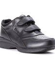 Propet black leather sneaker with 2 velcro straps, perforated sections and thick outsole.
