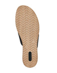 Outsole view of Rieker D6456 women's platform wedge sandal in black, showing textured grip for traction and stability.