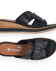 Top and side view of black Rieker D6456 slide platform wedge for women, featuring cushioned insole and slip-on design.