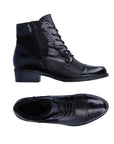 Side and top views of black Women's Remonte D6882 lace-up ankle boots, showcasing textured leather and functional zipper design.