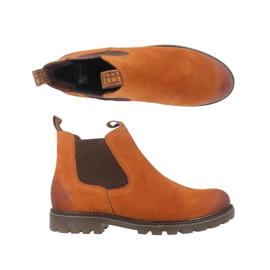 Top and side view of brown Women's Remonte D8472 Chelsea Boot showcasing waterproof leather and shock-absorbing sole for daily comfort.