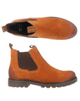 Top and side view of brown Women's Remonte D8472 Chelsea Boot showcasing waterproof leather and shock-absorbing sole for daily comfort.