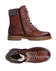 Pair of Brown leather lace-up winter boot with padded wool collar, side zipper and rugged rubber sole.