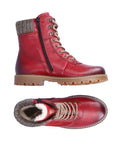 Pair of red leather lace-up winter boot with padded wool collar, side zipper and rugged rubber sole.