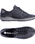 Side and top views of the black Remonte R1402 women's lace-up sneaker, featuring a leather upper and functional zipper for easy access.