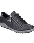Women's Remonte R1402 black leather lace-up sneaker with side zipper and waterproof design, ideal for casual wear and orthotic support.