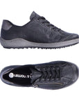 Black lace up shoe with zipper side closure and grey midsole. Remonte logo on insole.