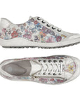 Top and side view of silver floral lace up shoe with zipper side closure and grey midsole. Remonte logo on insole.
