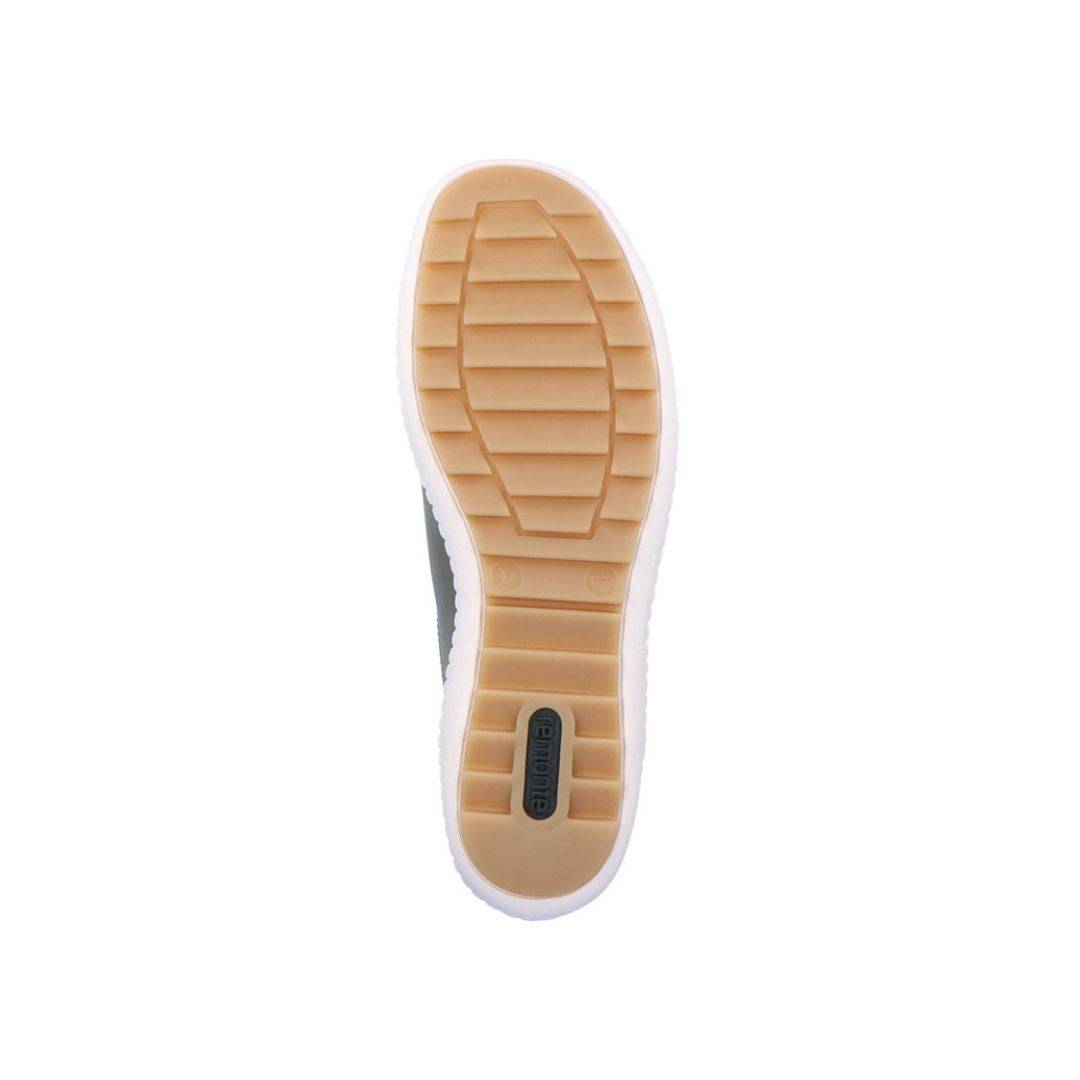 Bottom view of green Women's Remonte R1432 Lace-Up Sneaker featuring durable, grooved sole for enhanced grip and flexibility.