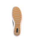 Tan grooved outsole of sneaker with Remonte logo on heel.