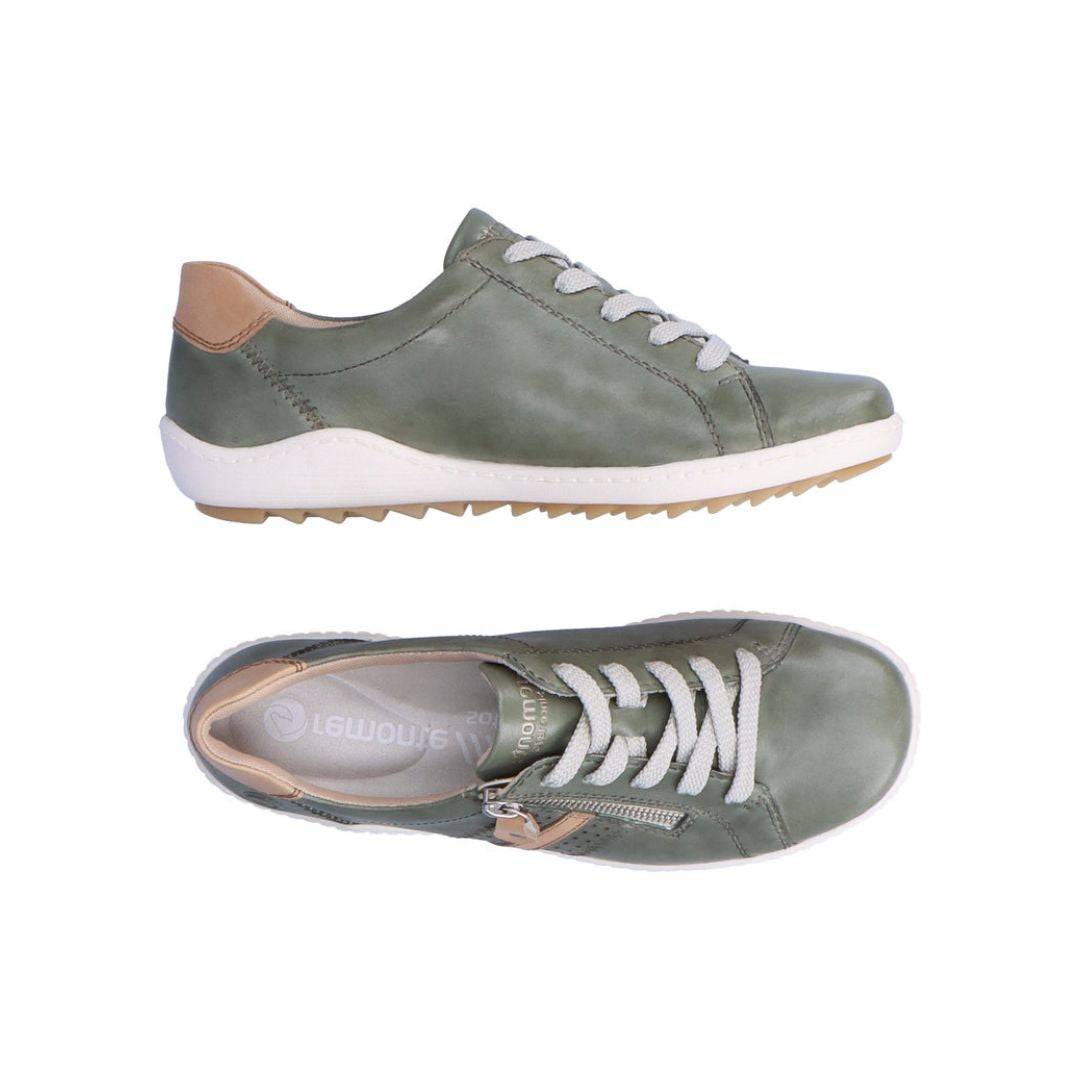 Top and side views of green Women's Remonte R1432 Lace-Up Sneaker showing lace-up design, soft leather, and removable insole.
