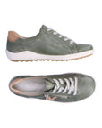 Pair of green Lace-up sneaker with beige accents, side zipper, accent stitching, grey Remonte logo'd footbed and white midsole.