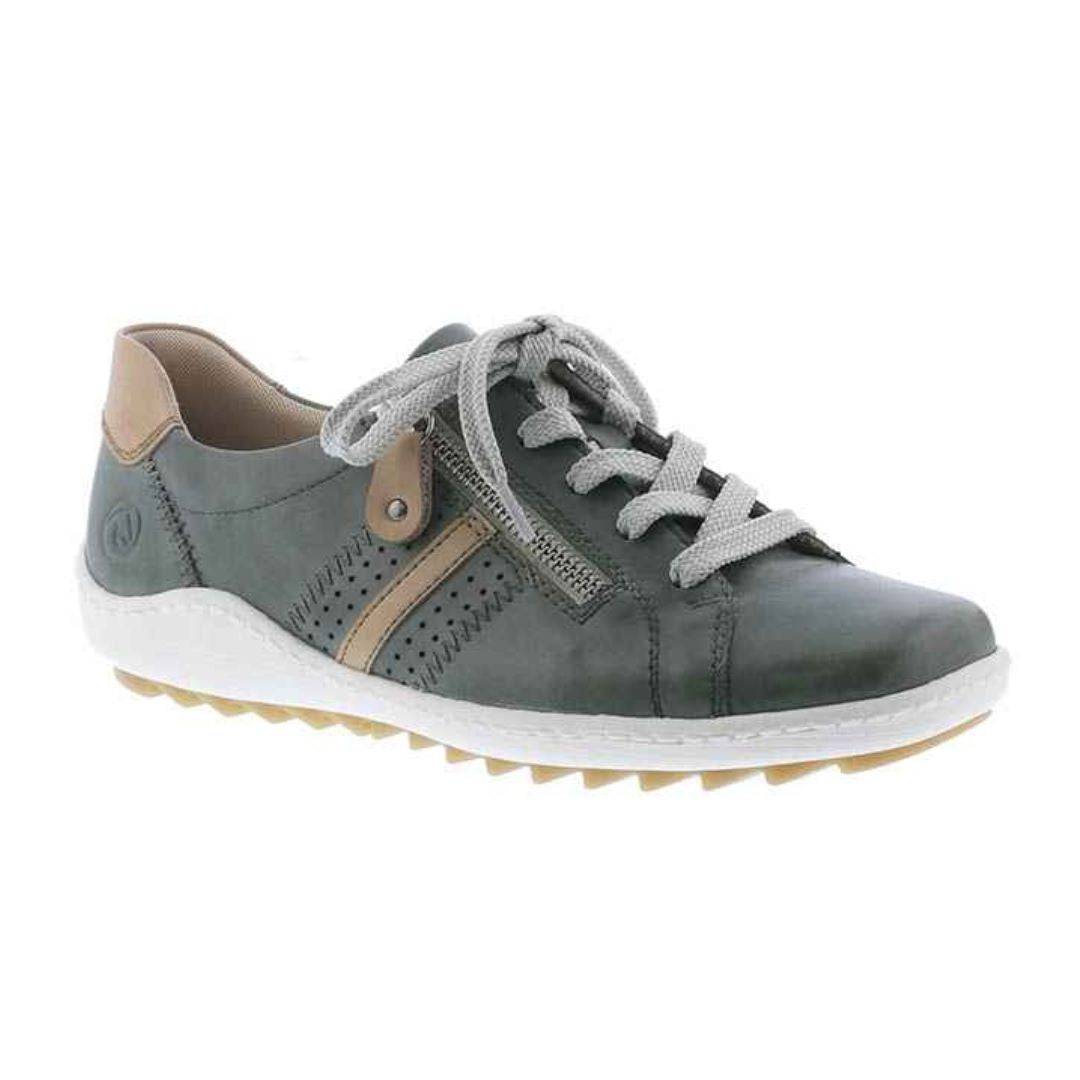 Green Women's Remonte R1432 Lace-Up Sneaker with beige accents, side zipper, and cushioned sole for stylish, flexible all-day wear.