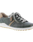 Green Women's Remonte R1432 Lace-Up Sneaker with beige accents, side zipper, and cushioned sole for stylish, flexible all-day wear.