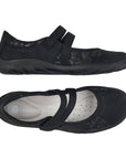 Top and side views of black Remonte R3510 Mary-Jane Flat showcasing stretch material and ergonomic design for bunions and hammer toes.