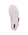 White light textured sandal outsole with green Remonte logo on heel.