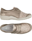 Side and top view of beige Women's Remonte R7600 Velcro Shoe with floral stretch fabric and soft cushioned design.