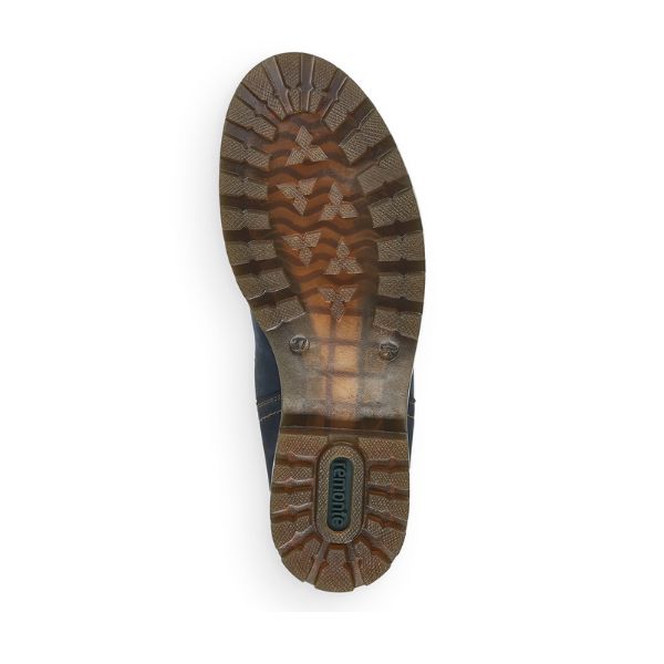 Outsole view of navy Women's Remonte D8472 Chelsea Boot featuring deep tread pattern for grip and Remonte branding for authenticity.