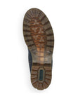 Outsole view of navy Women's Remonte D8472 Chelsea Boot featuring deep tread pattern for grip and Remonte branding for authenticity.