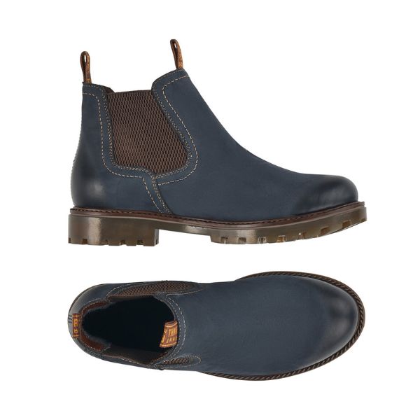 Top and side views of navy Women's Remonte D8472 Chelsea Boot showing waterproof leather upper and flexible, shock-absorbing outsole.