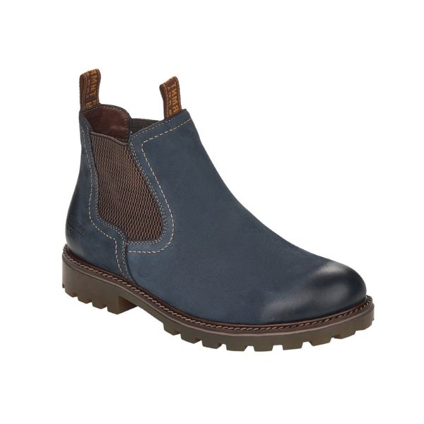 Women's Remonte D8472 Chelsea Boot in navy leather with brown elastic panels and durable sole, waterproof and perfect for fall outfits.